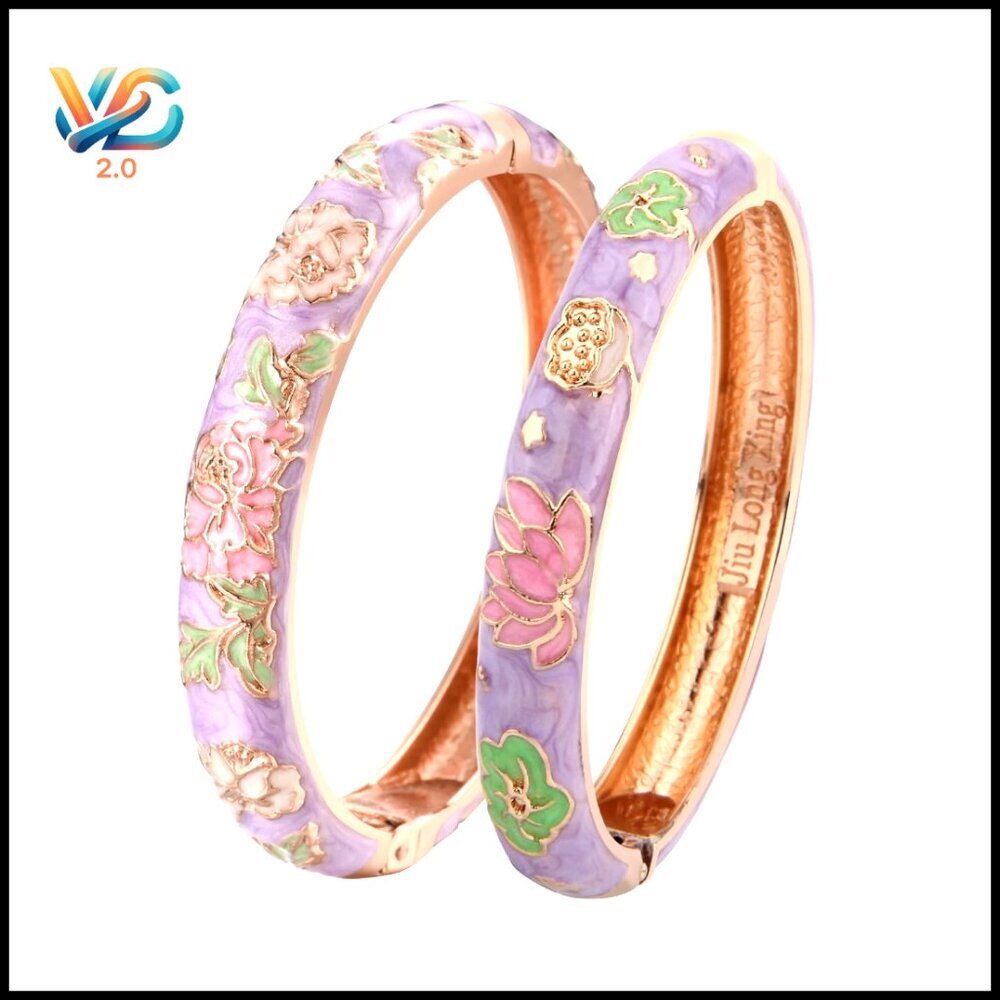 Vintage Style Enamel Flower Bangle Bracelets 2-Piece Set with Elegant Case